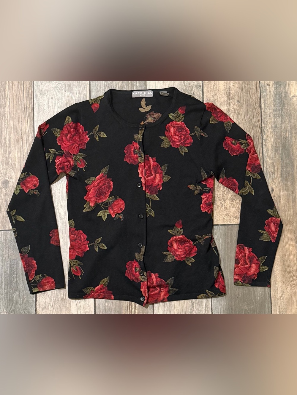 Vintage Kate Hill Silk Black Cardigan with Red Rose Motif